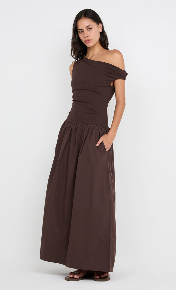 FREYA ASYM MAXI DRESS - DARK CHOCOLATE