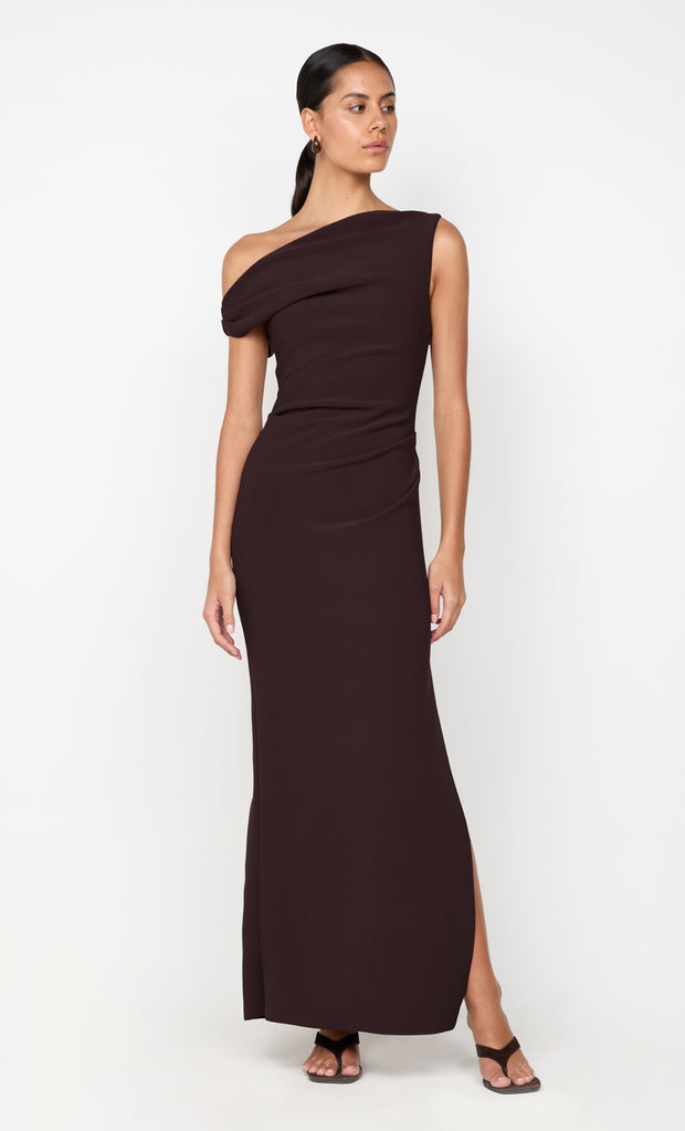 LEORA ASYM MAXI DRESS - DARK CHOCOLATE
