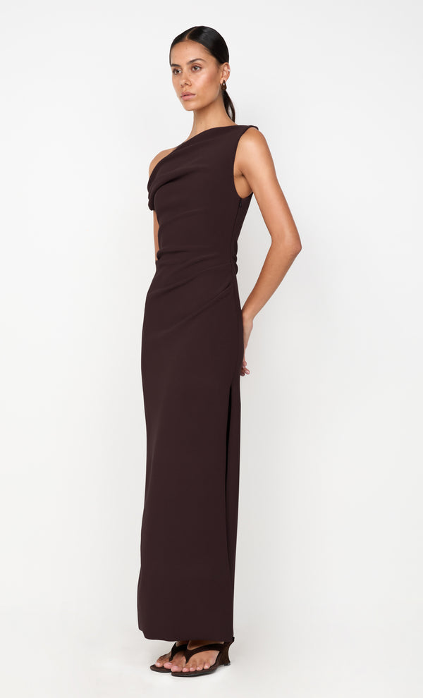 LEORA ASYM MAXI DRESS - DARK CHOCOLATE