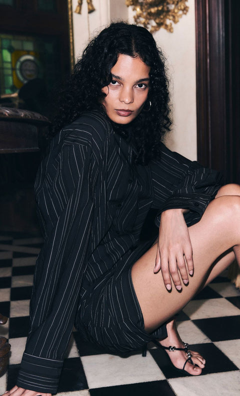 ROMI LONG SLEEVE MINI DRESS - BLACK/IVORY STRIPE