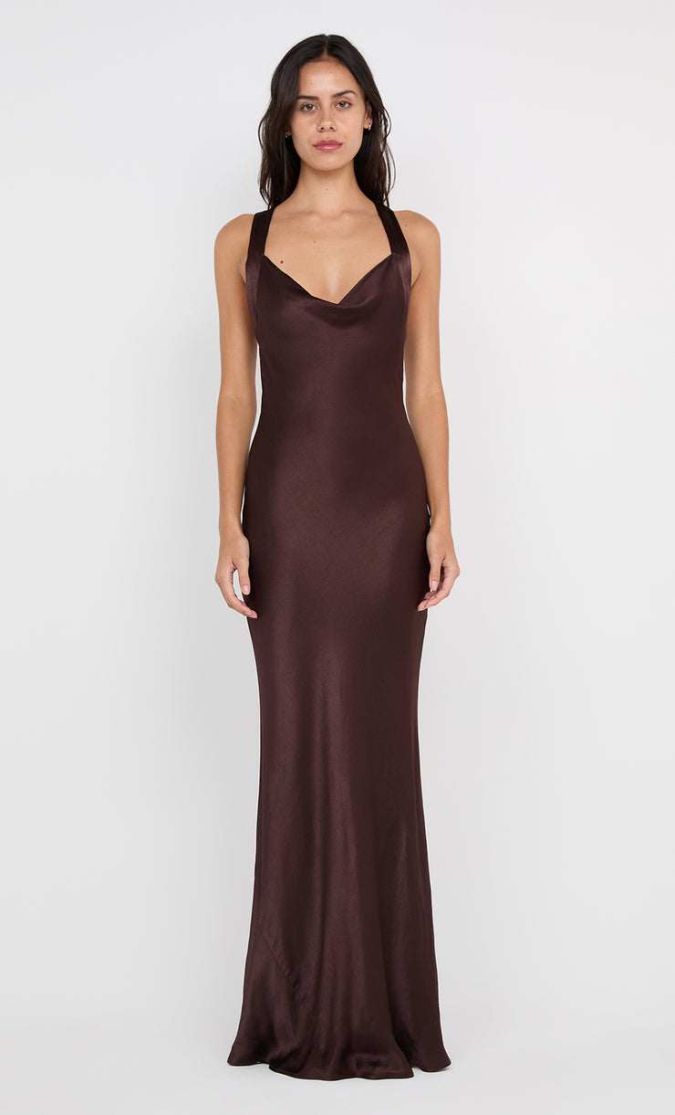 GIA HALTER MAXI DRESS - DARK CHOCOLATE