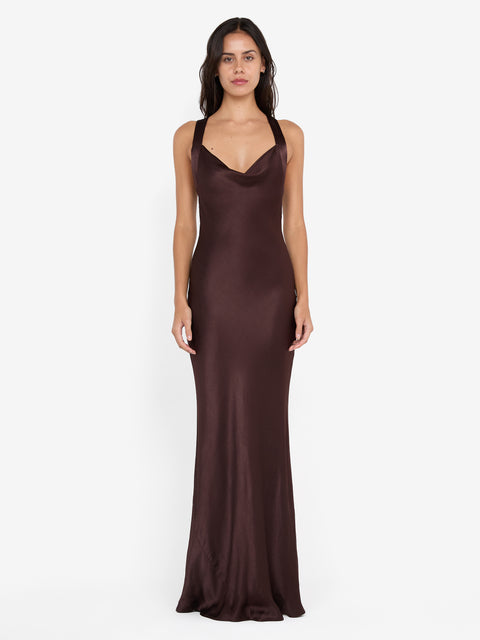 GIA HALTER MAXI DRESS - DARK CHOCOLATE