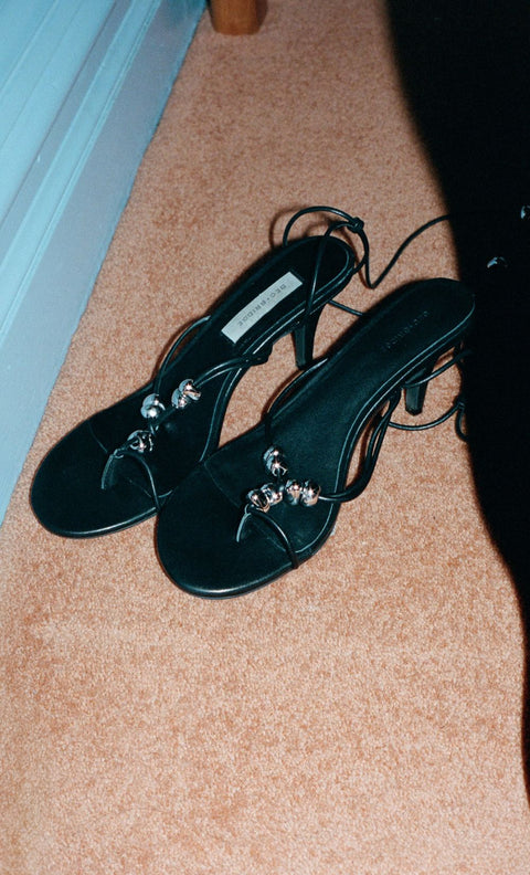 LEYLA BEADED HEEL - BLACK LEATHER/SILVER