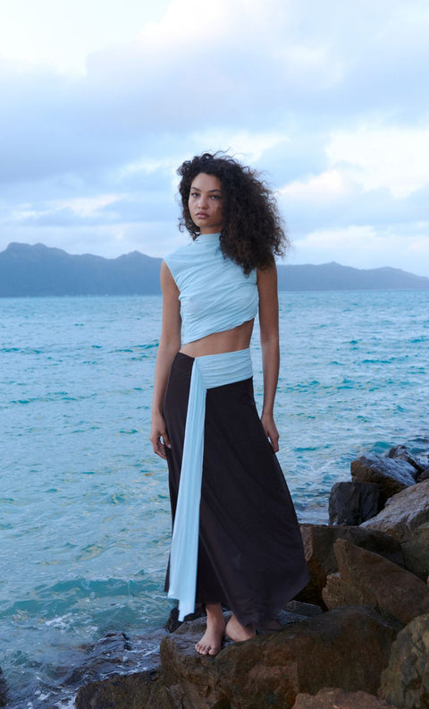 CONNI ASYM MIDI DRESS - ARCTIC BLUE / DARK CHOC