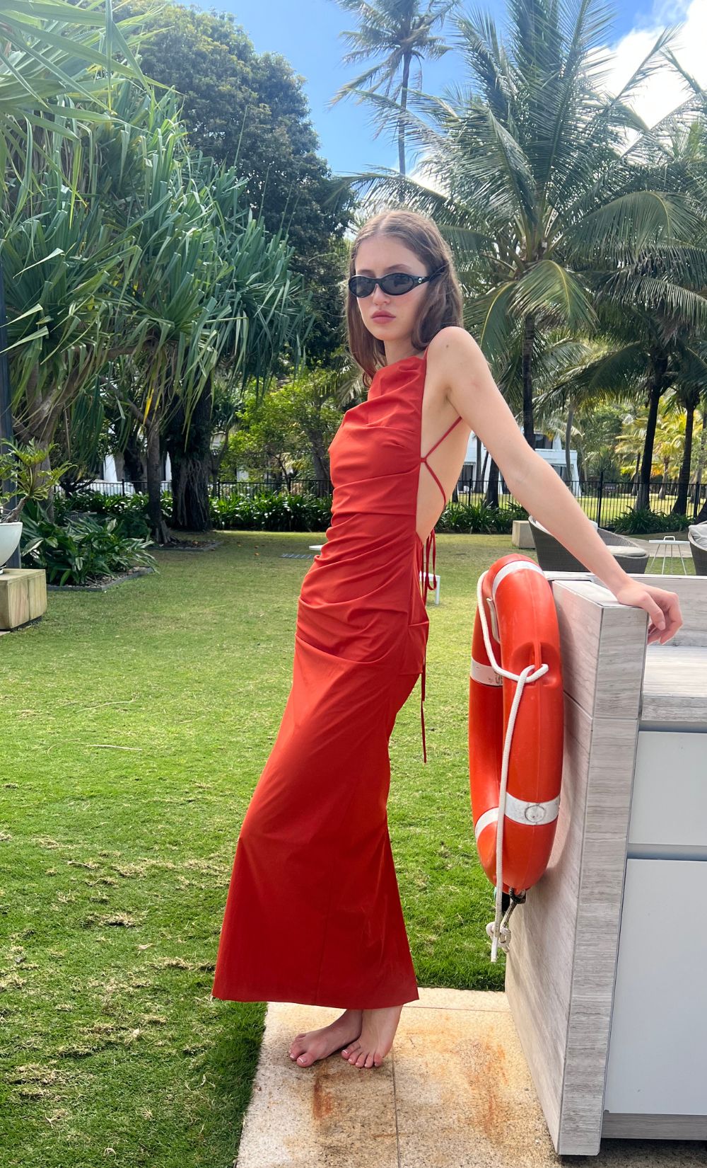 open lace back dress ALLIRA TUCK MAXI DRESS - BURNT ORANGE