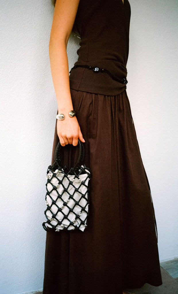 LUNA BEADED BAG - CHOC/SILVER