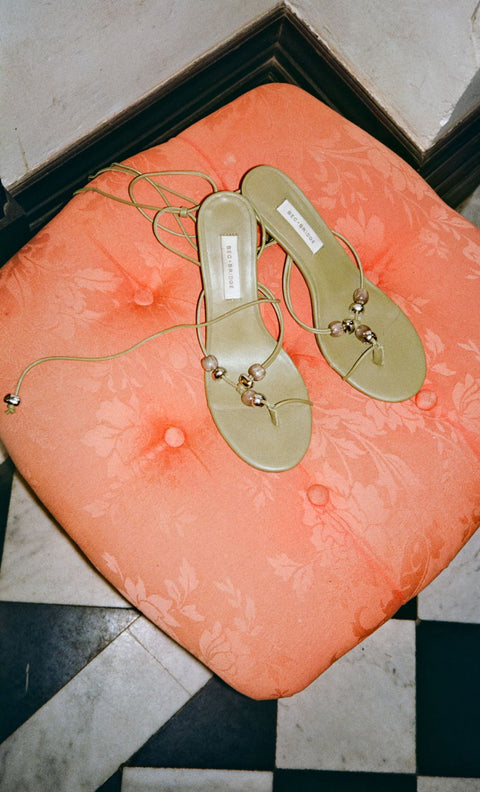 LEYLA BEADED HEEL - OLIVE LEATHER/OLIVE/SILVER