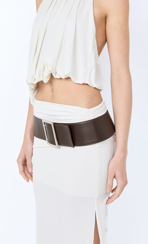AROHA WIDE BELT - CHOC LEATHER/SILVER