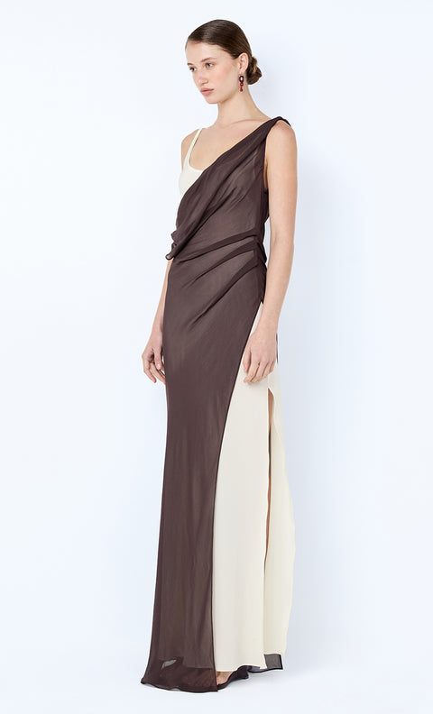 AUGUSTIN ASYM MAXI DRESS - DARK CHOCOLATE/SNOW