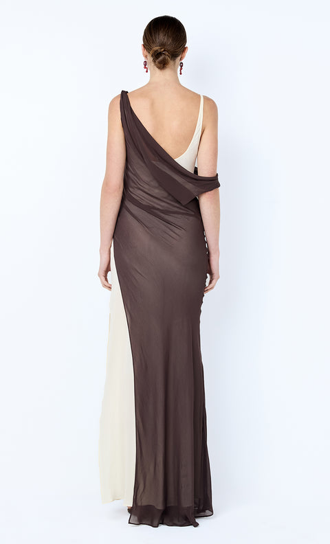 AUGUSTIN ASYM MAXI DRESS - DARK CHOCOLATE/SNOW