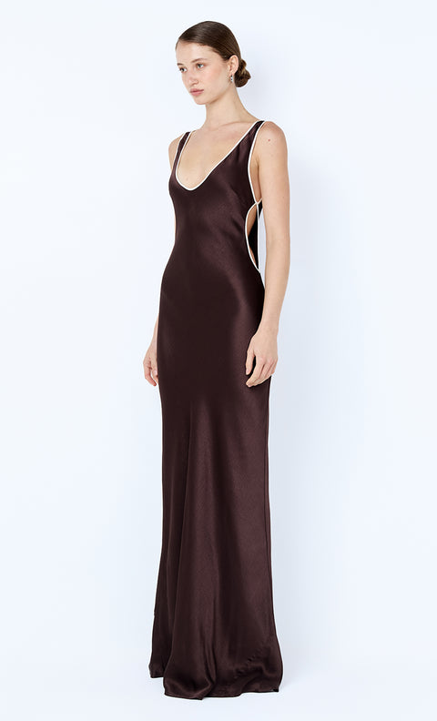 MARCY CUTOUT MAXI DRESS - DARK CHOC/SNOW