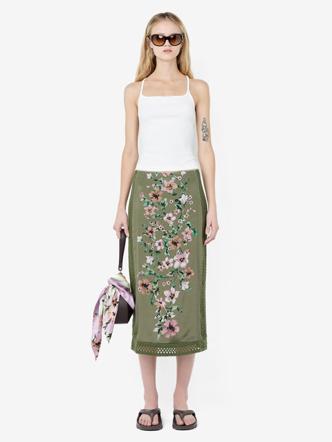 CAMELIA MIDI SKIRT - OLIVE GARDENIA FLORAL