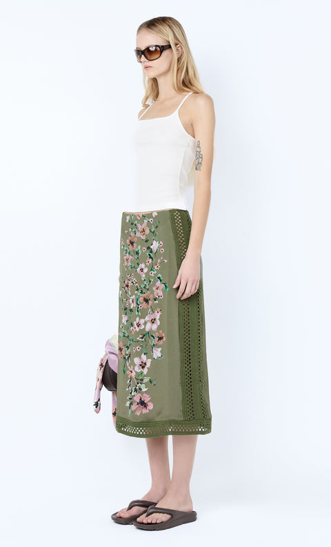 CAMELIA MIDI SKIRT - OLIVE GARDENIA FLORAL