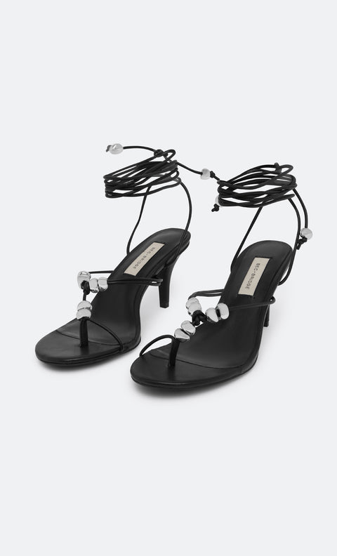 LEYLA BEADED HEEL - BLACK LEATHER/SILVER