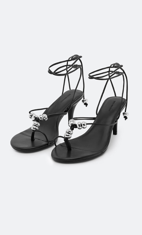 LEYLA BEADED HEEL - BLACK LEATHER/SILVER