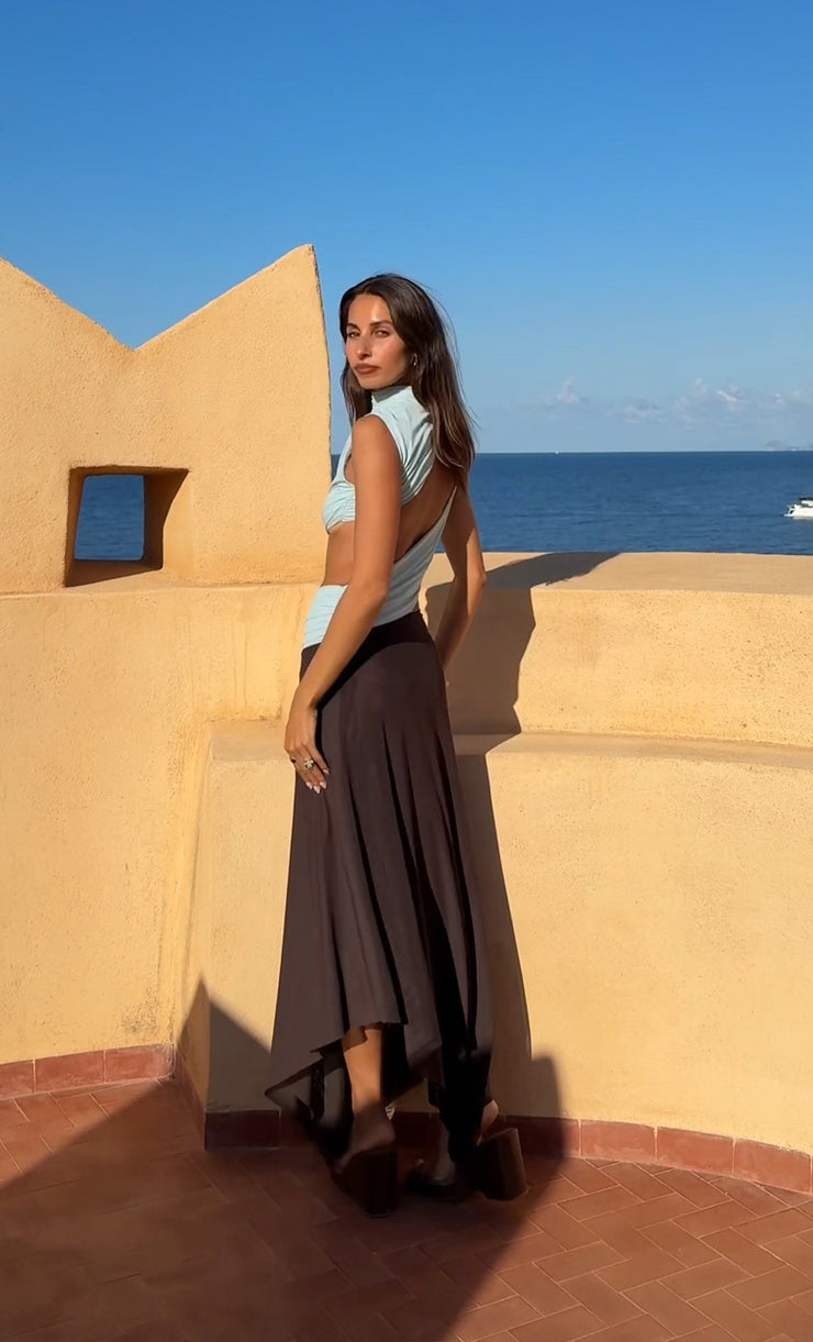 CONNI ASYM MIDI DRESS - ARCTIC BLUE / DARK CHOC