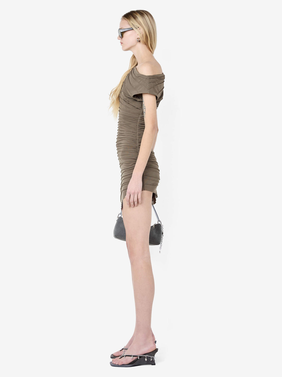BRENNA PINTUCK MINI DRESS - KHAKI