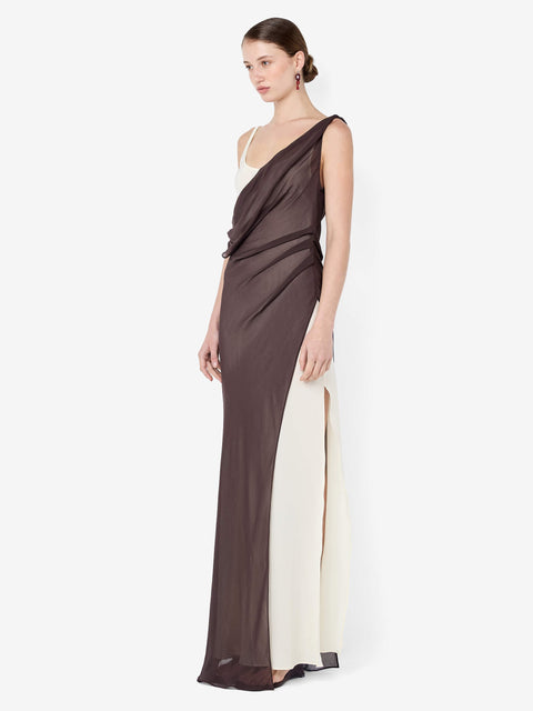 AUGUSTIN ASYM MAXI DRESS - DARK CHOCOLATE/SNOW