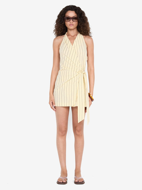 KIANA WRAP MINI DRESS - BUTTER/CHOC STRIPE