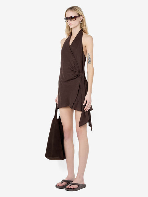 AUBREE WRAP MINI DRESS - DARK CHOCOLATE