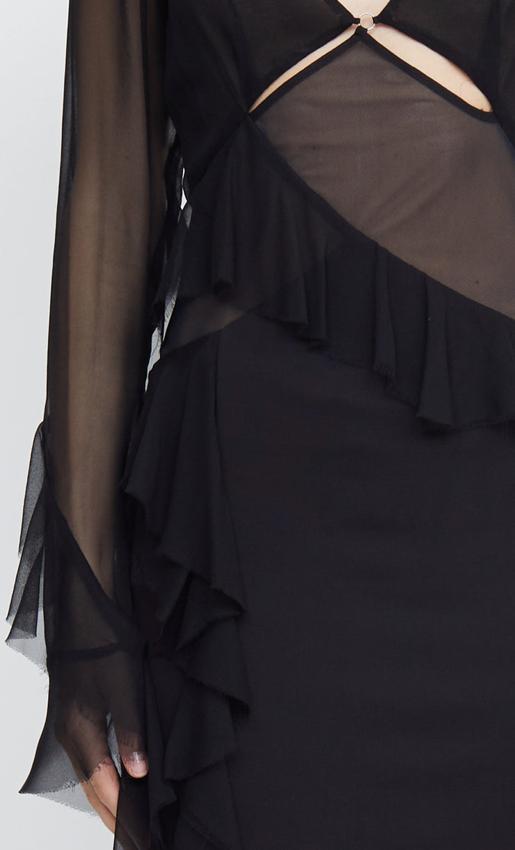 AURELIE FRILL LONG SLEEVE MINI DRESS - BLACK