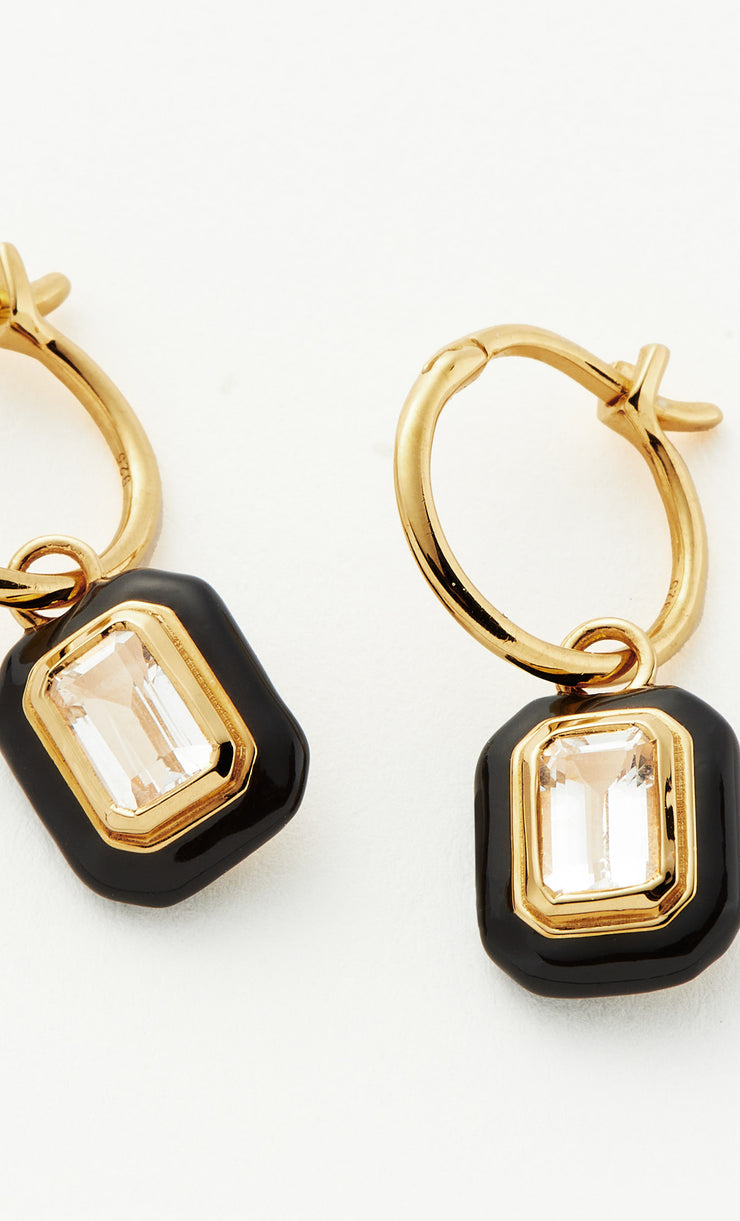 BLACK STONE & ENAMEL CHARM HOOPS - GOLD