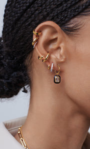 BLACK STONE & ENAMEL CHARM HOOPS - GOLD