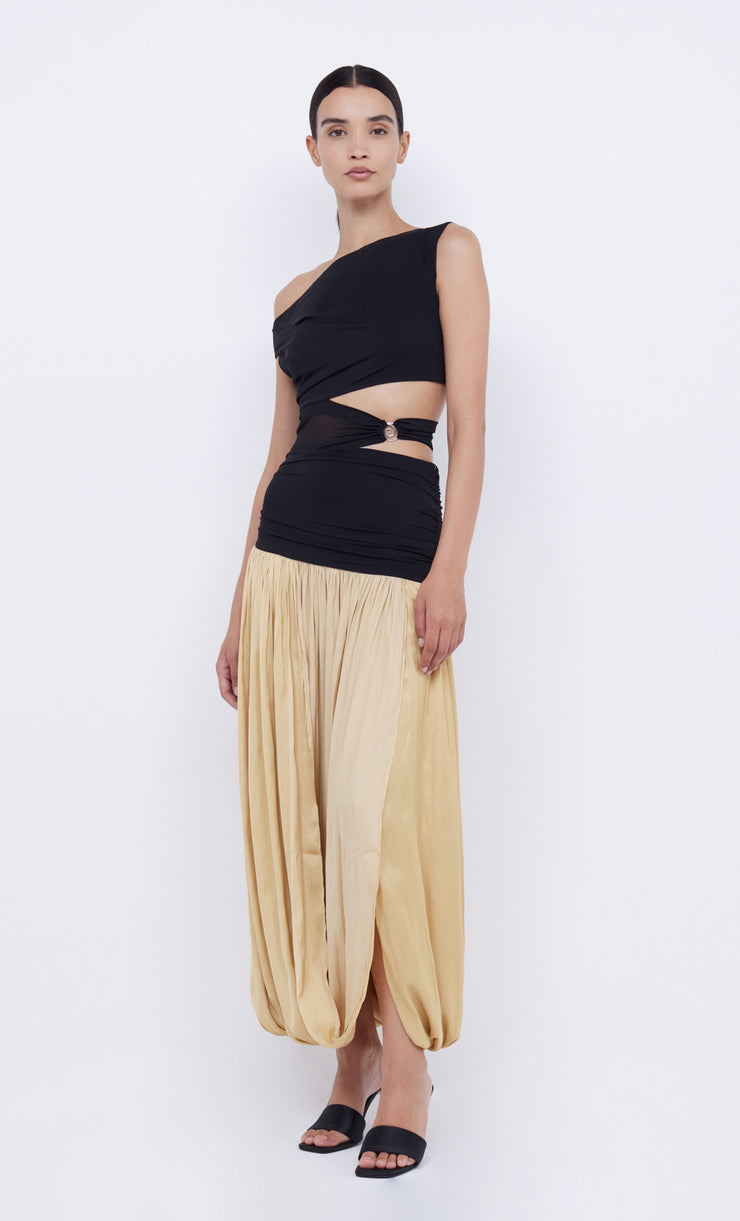 SERENE ASYM MAXI DRESS - BLACK/STRAW