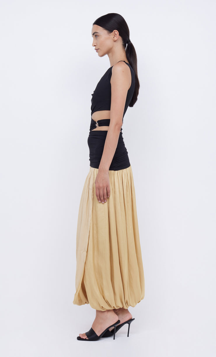 SERENE ASYM MAXI DRESS - BLACK/STRAW