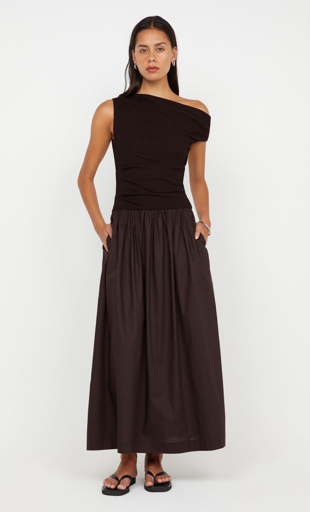 FREYA ASYM MAXI DRESS - DARK CHOCOLATE