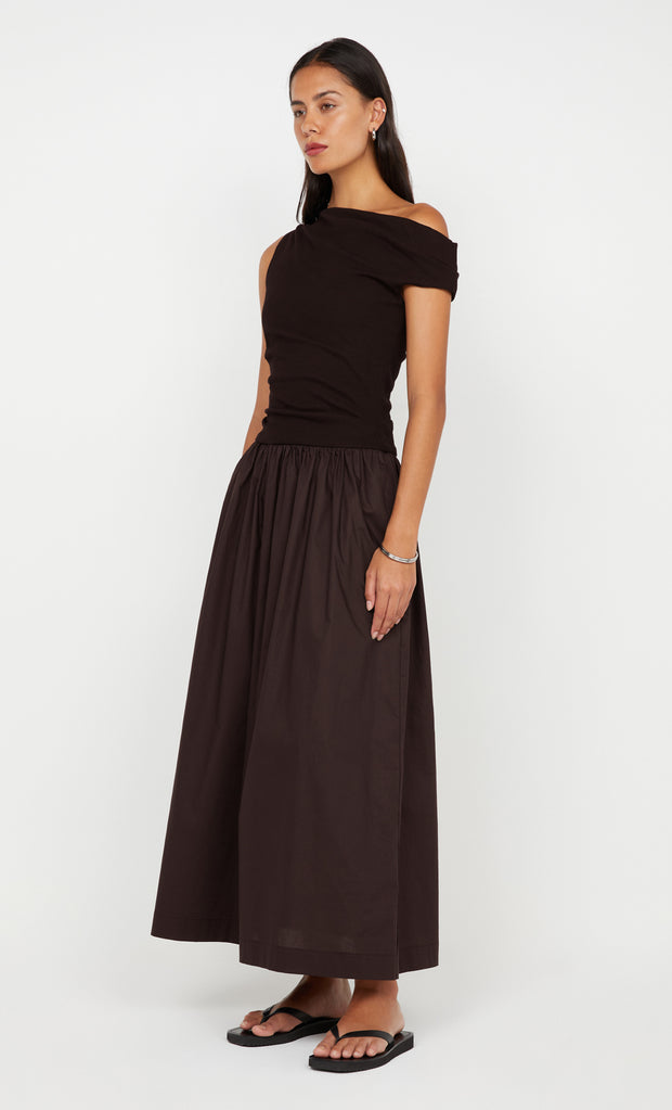 FREYA ASYM MAXI DRESS - DARK CHOCOLATE
