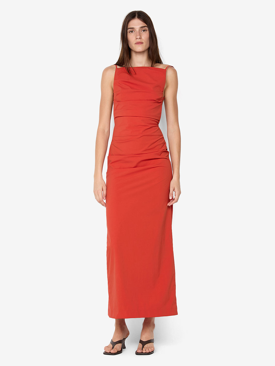 strapless open back dress Orange Mesh Ruffle Formal Maxi Dress – STYLED BY ALX COUTURE main image 1