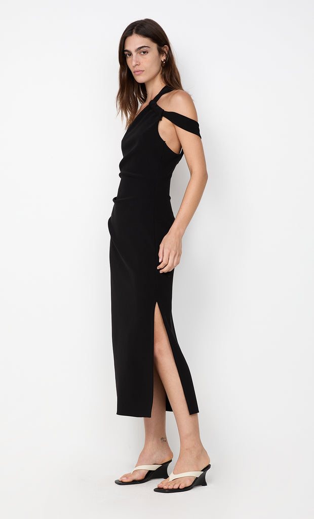 SYLVIE ASYM MIDI DRESS - BLACK