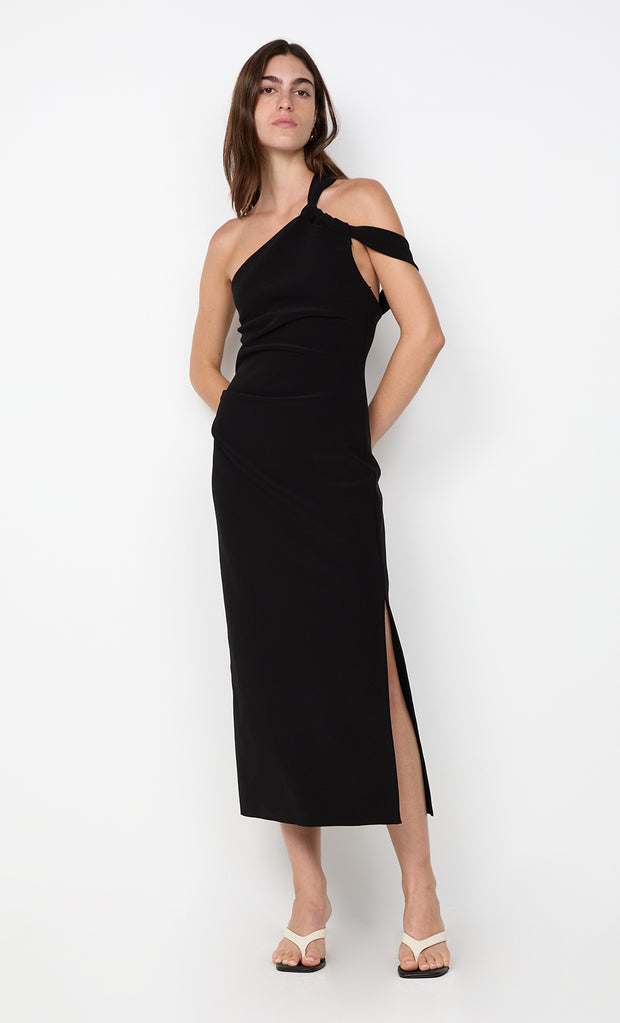 SYLVIE ASYM MIDI DRESS - BLACK