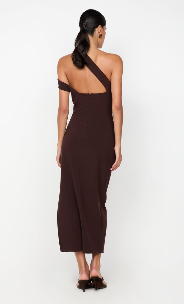 SYLVIE ASYM MIDI DRESS - ESPRESSO