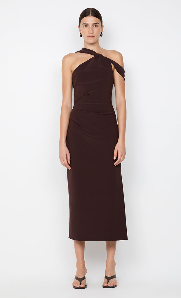 SYLVIE ASYM MIDI DRESS - ESPRESSO