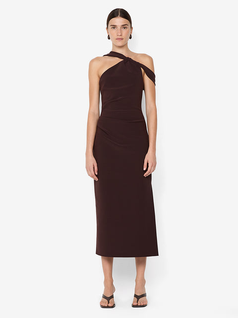 SYLVIE ASYM MIDI DRESS - ESPRESSO