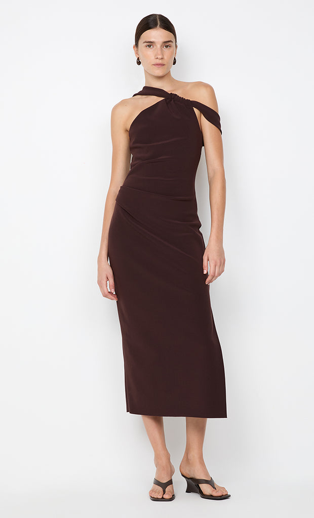 SYLVIE ASYM MIDI DRESS - ESPRESSO