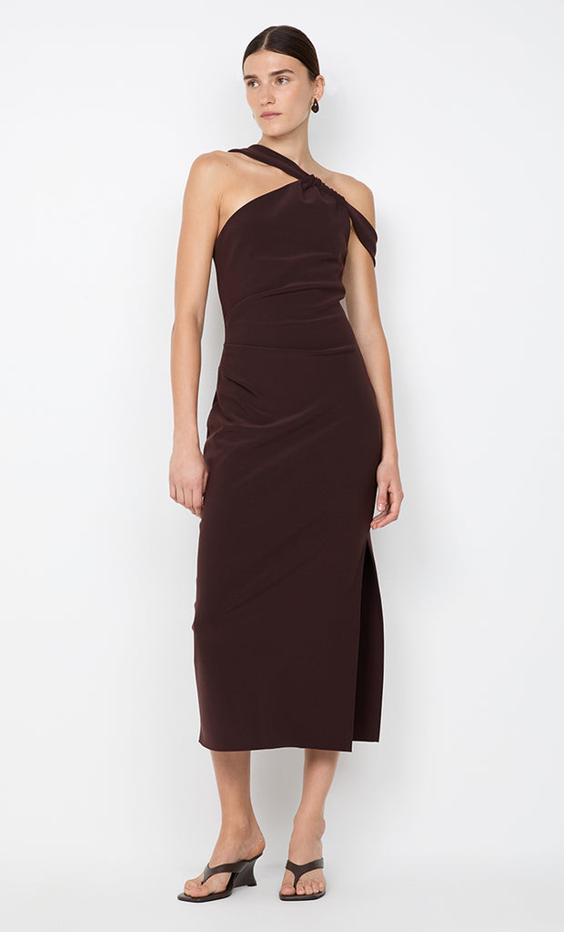 SYLVIE ASYM MIDI DRESS - ESPRESSO