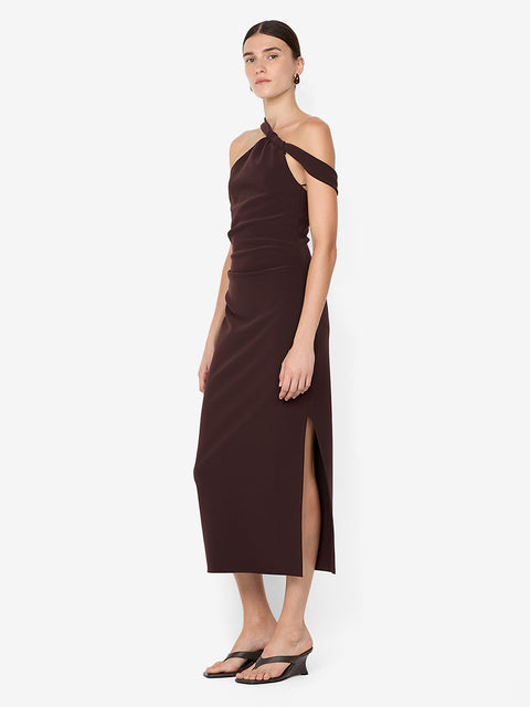 SYLVIE ASYM MIDI DRESS - ESPRESSO