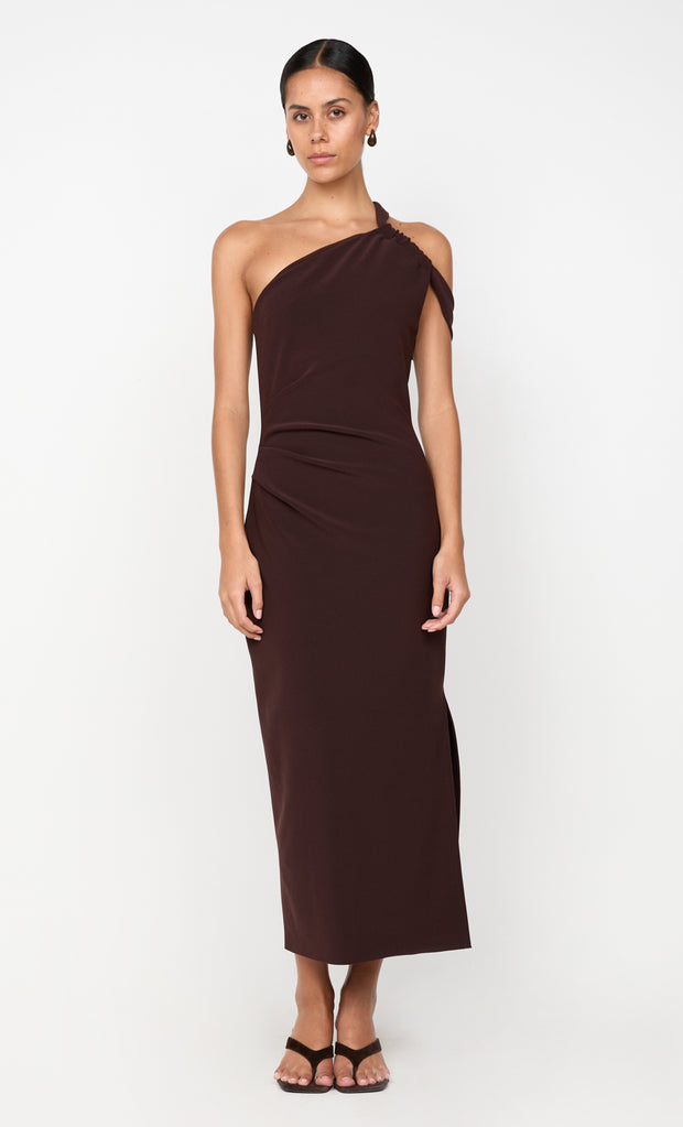 SYLVIE ASYM MIDI DRESS - ESPRESSO