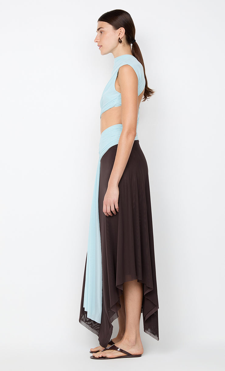 CONNI ASYM MIDI DRESS - ARCTIC BLUE / DARK CHOC
