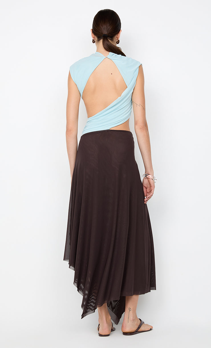 CONNI ASYM MIDI DRESS - ARCTIC BLUE / DARK CHOC
