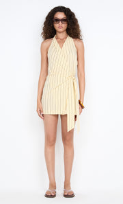 KIANA WRAP MINI DRESS - BUTTER/CHOC STRIPE