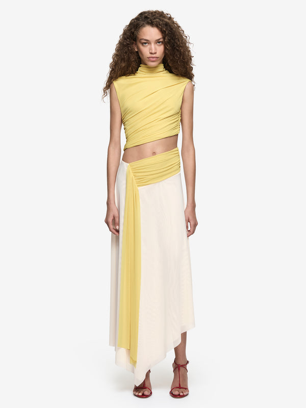 CONNI ASYM MIDI DRESS - CITRON/BUTTERCREAM