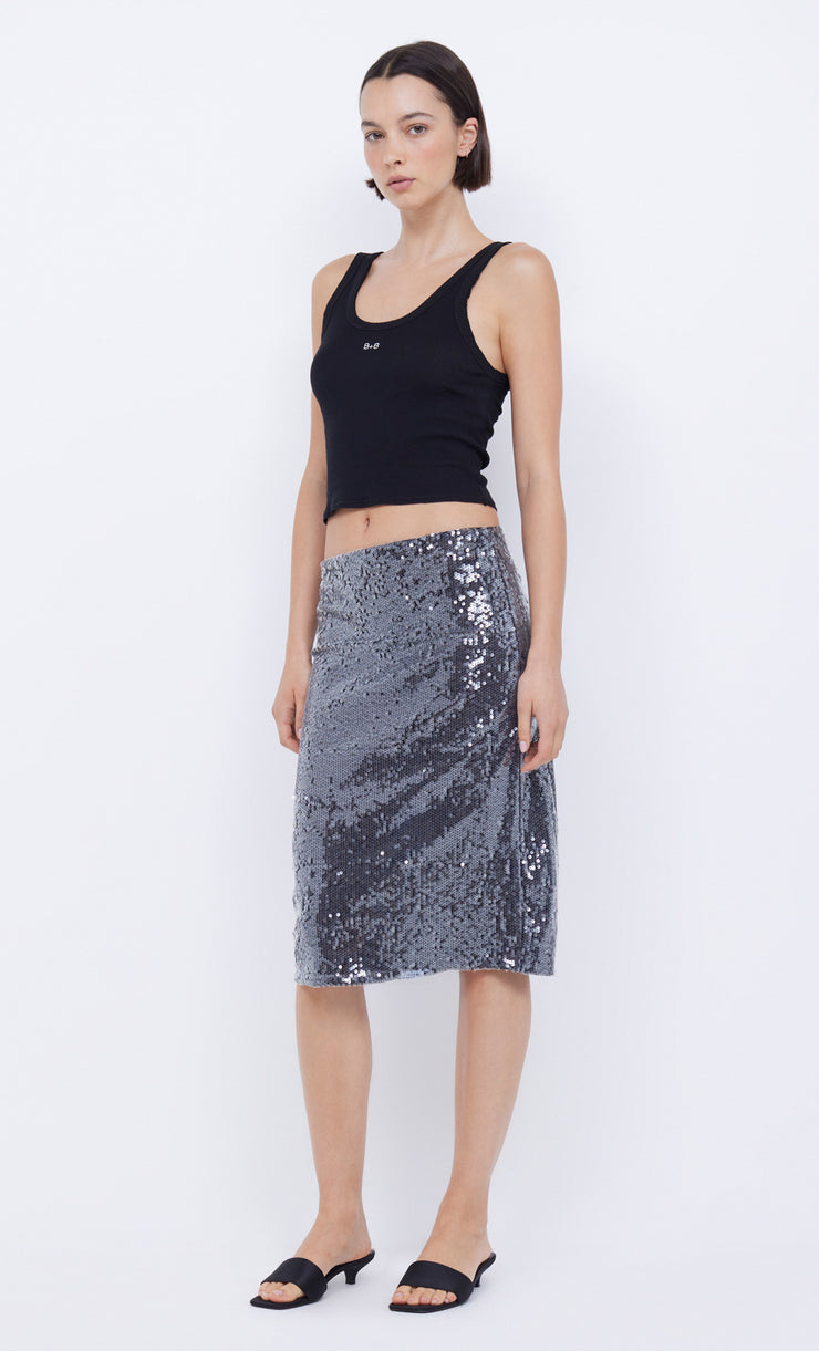 VENUS SEQUIN MIDI SKIRT - BLACK