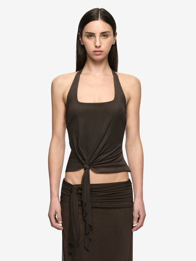 OLYSSIA KNOT HALTER TOP - BITTER CHOC