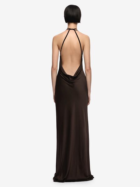 SOLENNE BACKLESS MAXI DRESS - DARK CHOCOLATE