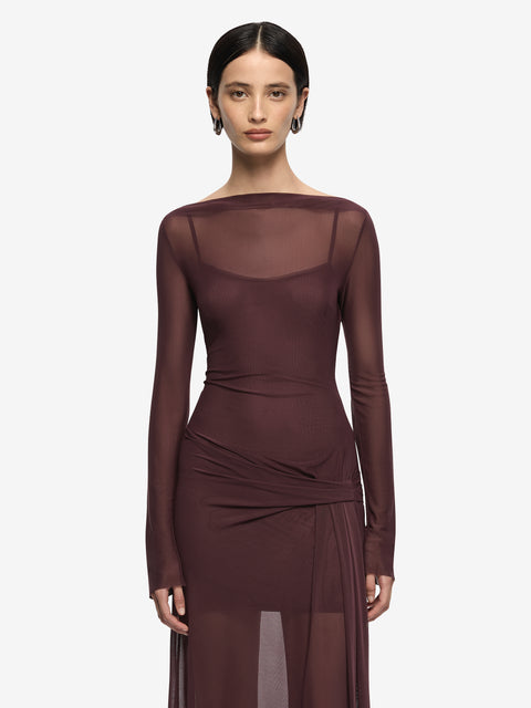 MARABOU LONG SLEEVE MAXI DRESS - AUBERGINE