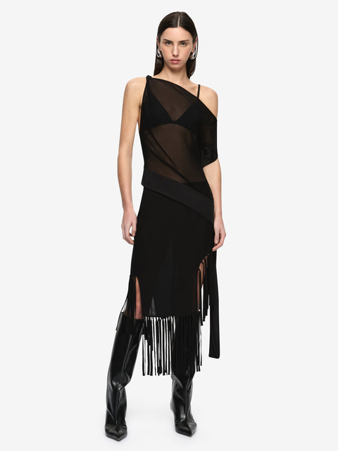 MELISSA FRINGE MIDI SKIRT  - BLACK